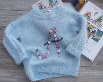 Handmade knit sweater with baby girl name, initial. Custom personalized knitwear with flower embroidery for kids Pullover child Mumshugsknit