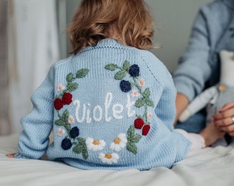 Personalized knitted sweater with baby name and embroidered flowers for girls, kids. Custom handmade spring, summer cardigan. Mumshugsknit