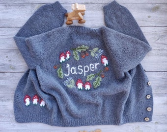 Personalized cardigan with baby name Custom handmade soft spring, winter knitted sweater with embroidery flowers for girls kids Mumshugsknit