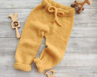 Custom handmade knitted alpaca wool pants for kids, children. Spring, winter clothes for baby boy, trousers for toddler girls. Knit leggings