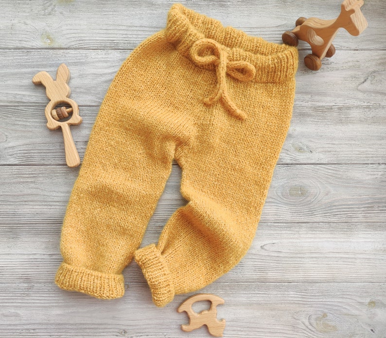 Custom handmade knitted alpaca wool pants for kids, children. Spring, winter clothes for baby boy, trousers for toddler girls. Knit leggings image 1