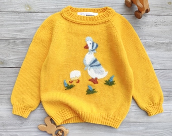 Personalized autumn, winter sweater with name for baby boy, girl. Custom handmade knit wool or alpaca jumper with embroidered goose for kids