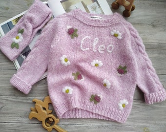 Knit baby sweater with embroidered name and clover flowers. Personalized custom handmade soft jumper for kids, girls. Knitwear Mamshugsknit