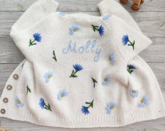 Knitting cardigan with baby girls name Personalized custom soft alpaca wool handmade sweater on button and embroidered with flowers for kids