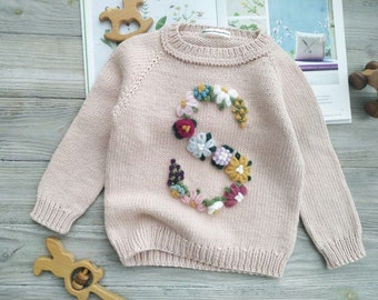 Sweater with name baby girl Custom personalized handmade cotton spring, summer knitted sweater with flowers embroidery for kids Mumshugsknit