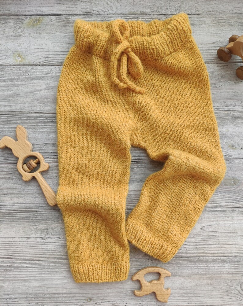 Custom handmade knitted alpaca wool pants for kids, children. Spring, winter clothes for baby boy, trousers for toddler girls. Knit leggings image 2