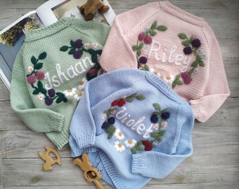 Personalized knitted sweater with baby name and embroidered flowers for girls, kids. Custom handmade spring, summer cardigan. Mumshugsknit