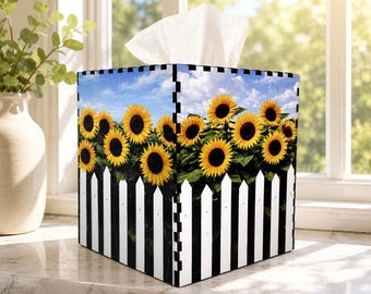 Sunflower Wooden Tissue Box Cover with a White Picket Fence | Rustic Farmhouse Bathroom & Kitchen Decor