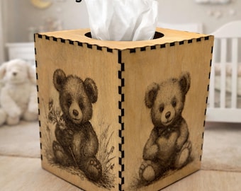 Laser Engraved Wood | Teddy Bear Tissue Box Cover