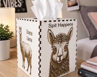 Llama Engraved Wood Tissue Box Cover – Funny Bathroom Decor, Laser Engraved Home Accent