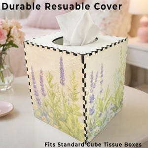 Spa Bathroom Herbal Garden Tissue Box Cover Featuring Lavender, Chamomile, Rosemary & Basil, Soft Colors