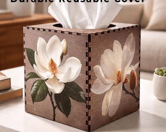 Magnolia Floral Wood Tissue Box Cover, Farmhouse Rustic Decor & Gift