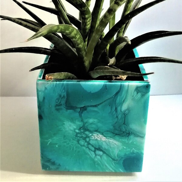 4 in one Hand Painted /Crafted mini Ceramic indoor Planter/ Pot 10cm 4 different unique painted sides UK Sea Green/Blue