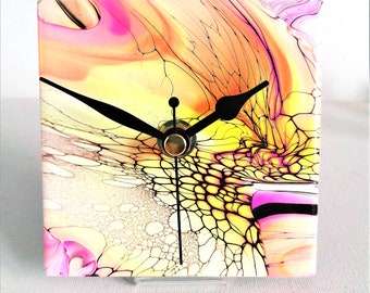 Small Yellow Desk Clock Handmade Hand Painted 10cm Square Abstract and Unique made in UK