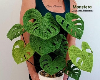 Gehaakte Monstera/Zwitserse Kaasplantpatroon fototutorial - Gehaakt plantpatroon - voor decor, boeketten en arrangementen