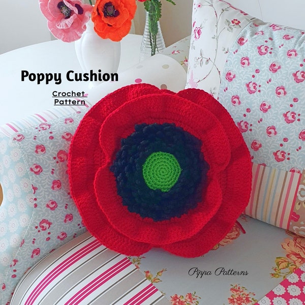 Crochet Poppy Cushion - Poppy pillow - crochet - photo  tutorial - crochet pattern