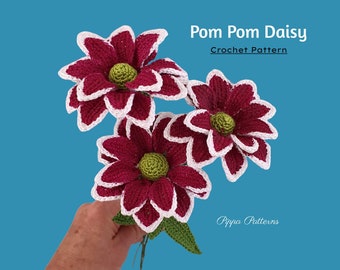 Crochet Pom Pom Daisy Pattern photo tutorial -  Crochet Flower Pattern - crochet pattern for Decor, Bouquets and Arrangements