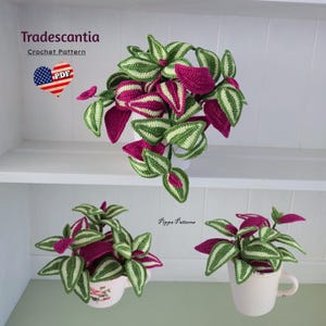 May include: Crochet pattern for a Tradescantia plant. The image shows three crocheted plants with green and magenta leaves in white pots. The text "Tradescantia Crochet Pattern" is visible in the image.