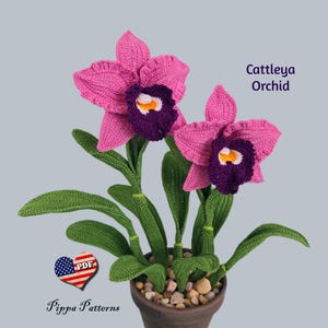 May include: A crocheted pink and purple Cattleya Orchid in a brown pot with small stones. The crochet pattern is available as a PDF download.