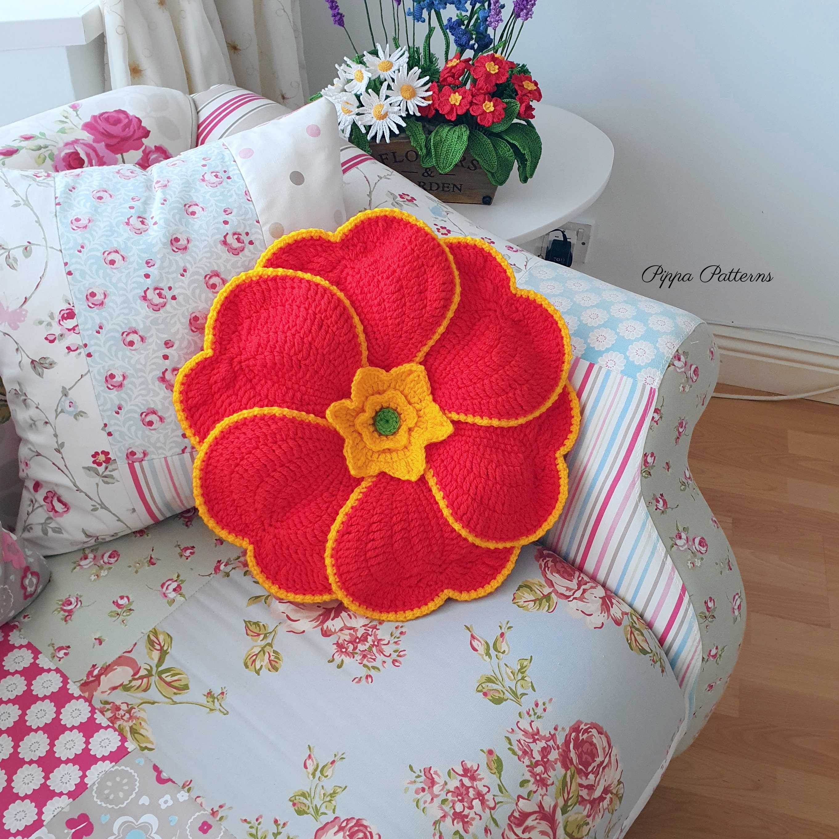 Hornsea クッション Repeat Flower イエロー イギリス 輸入 雑貨 ミッドセンチュリー 英国 ホーンジー 花柄 レトロ おしゃれ 80932 Crochet Primrose Flower Cushion Pattern: Photo Tutorial (PDF