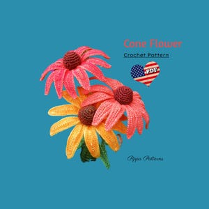 Könnte beinhalten: Ein Häkelmuster für eine Kegelblume mit drei Blüten in Orange- und Rosatönen. Das Muster ist als PDF-Download erhältlich. Das Bild enthält den Text "Cone Flower Crochet Pattern" und "Pippa Patterns".