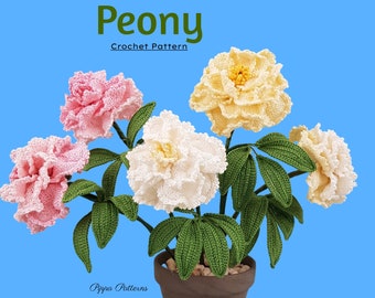 Crochet Peony Pattern - Pfingstrose - Häkelblumenmuster - Häkelanleitung - Fotoanleitung für Dekor, Blumensträuße und Gestecke