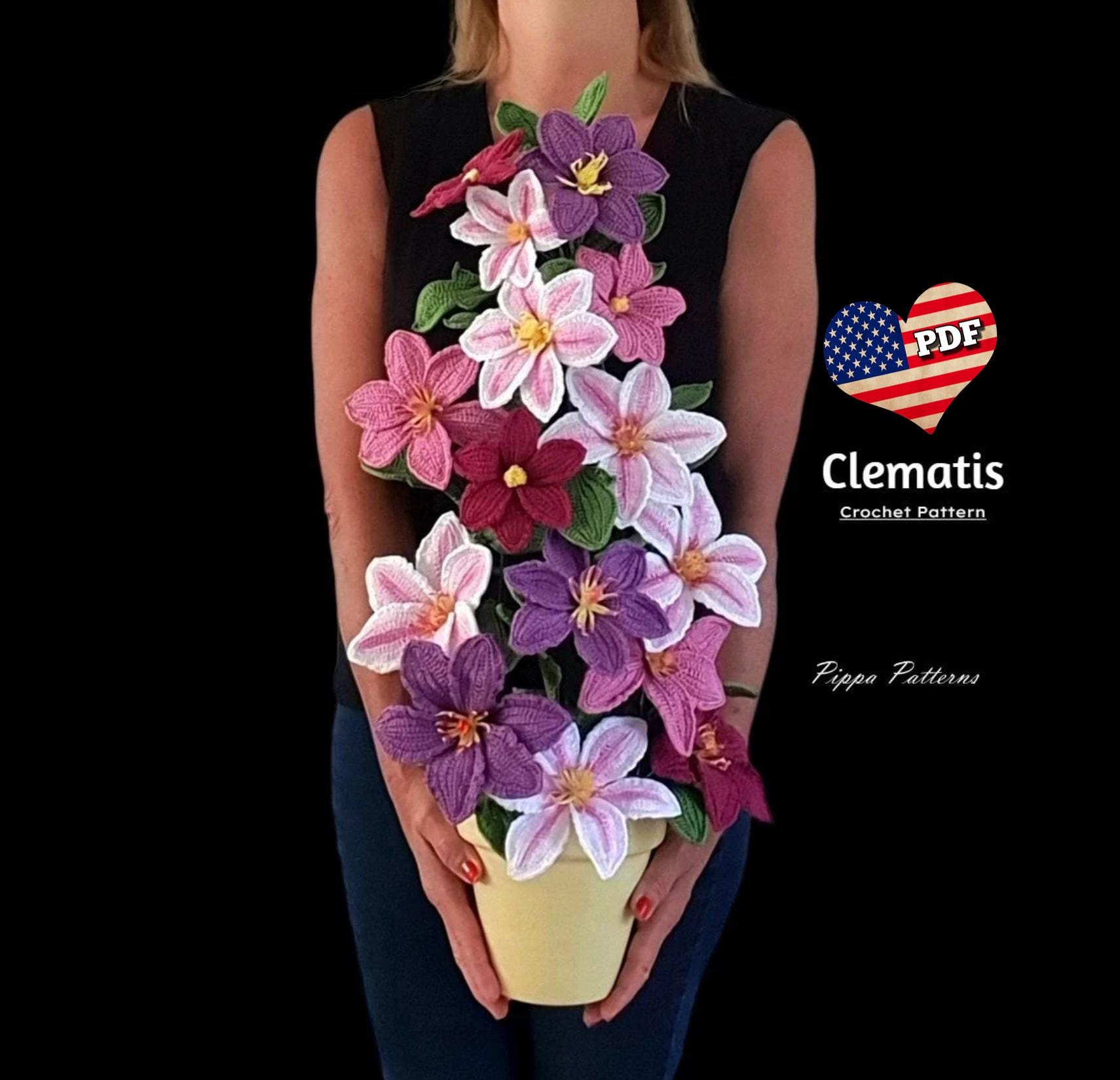 かぎ針編みのクレマチスの花の編み図：写真付きチュートリアル（PDF