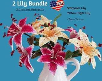 Crochet Stargazer Lily and Yellow Tiger Lily Flower Pattern photo tutorial Flower Plant Decoration Home Pink White Floral Arrangements