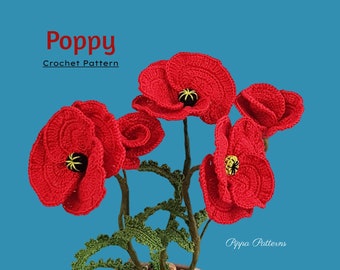 Crochet Poppy Pattern photo tutorial - Crochet Poppy  - Rememberence Poppy  - Decor, Bouquets and Arrangements