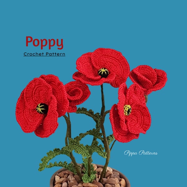 Crochet Poppy Pattern photo tutorial - Crochet Poppy  - Rememberence Poppy  - Decor, Bouquets and Arrangements