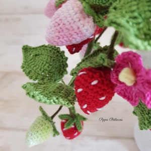 May include: A close-up of a crocheted strawberry plant with red, pink, and green strawberries and leaves. The plant is in a white pot and the text "Pippa Patterns" is visible in the bottom right corner.