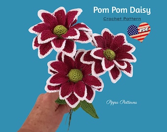 Crochet Pom Pom Daisy Pattern photo tutorial -  Crochet Flower Pattern - crochet pattern for Decor, Bouquets and Arrangements