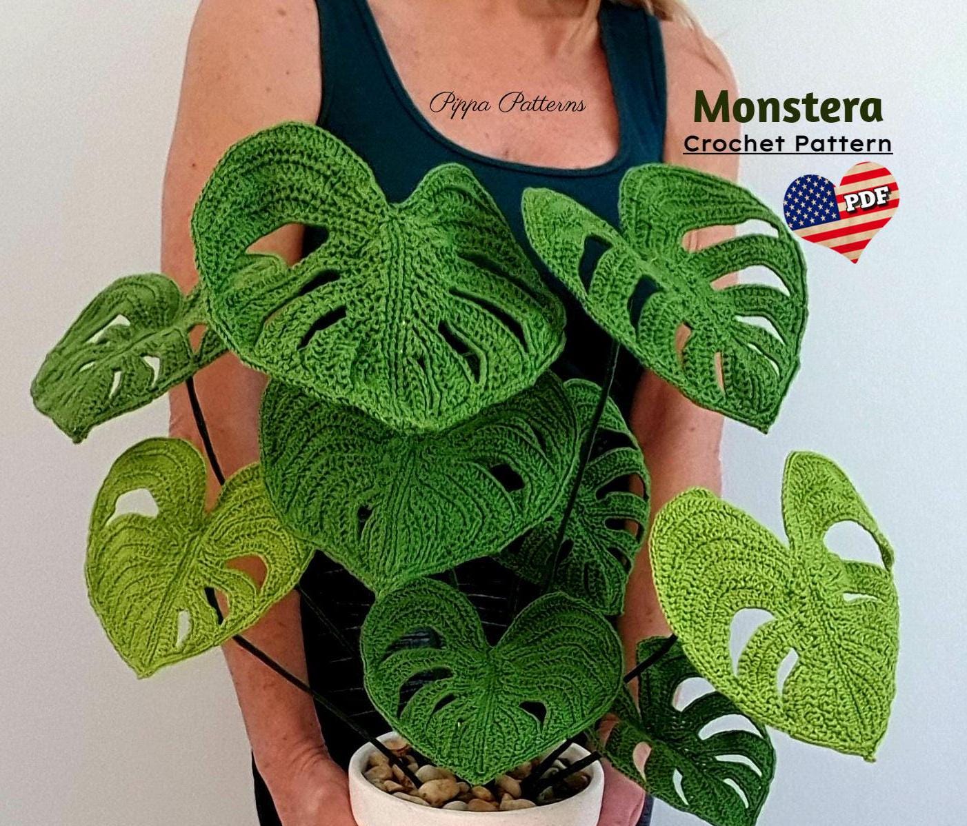 かぎ針編みのモンステラスイスチーズプラントのパターン写真チュートリアル - かぎ針編みの植物パターン - 装飾、ブーケ、アレンジメント用 -  Etsy 日本