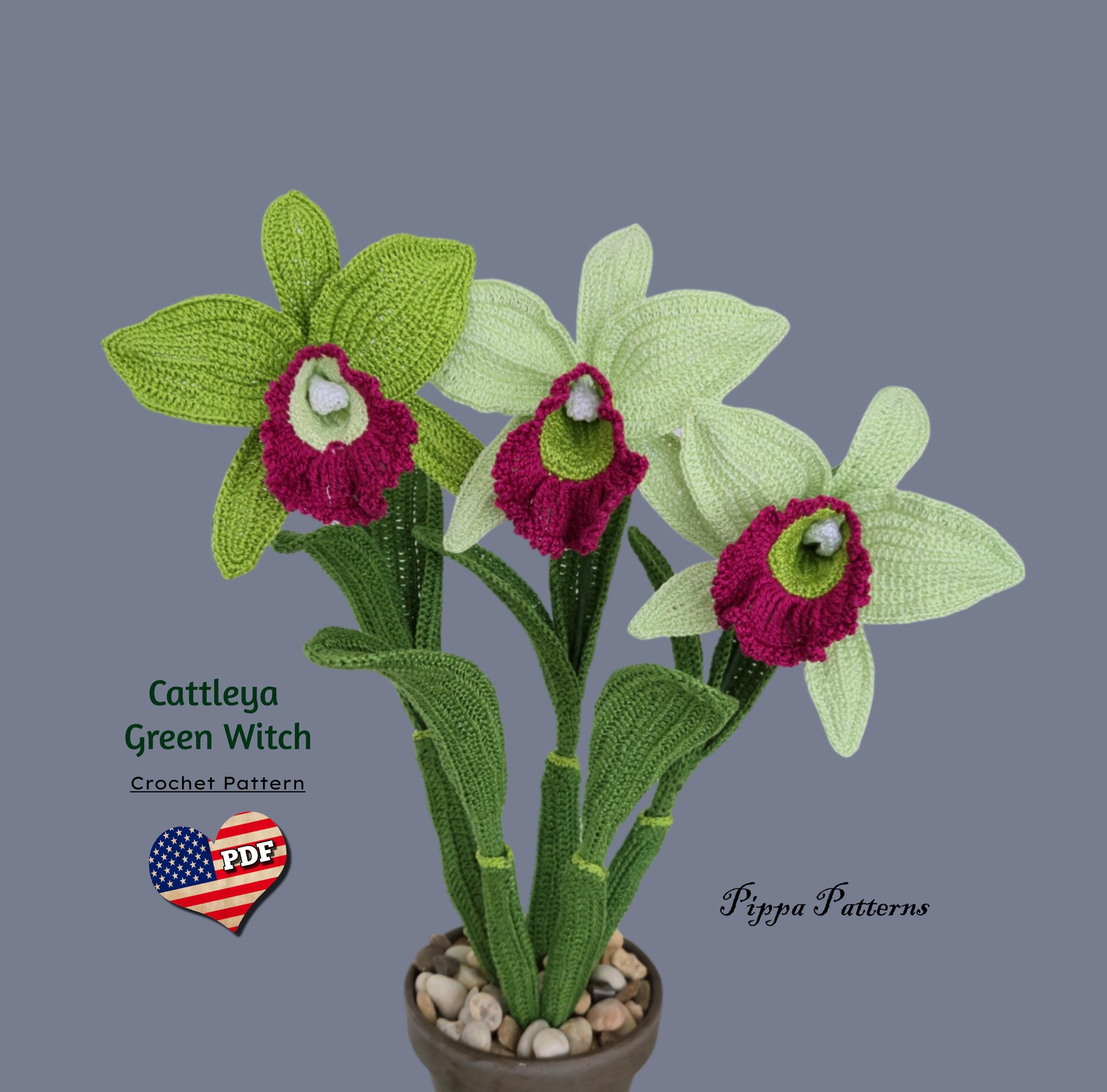 30 Orchid Crochet Patterns to Stitch Elegant Blooms for Home Decor and Gifts 15 Cattleya Orchid with Green Witch Styling