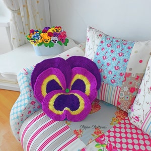 Crochet Pansy Cushion pattern photo tutorial Pansy pillow image 2