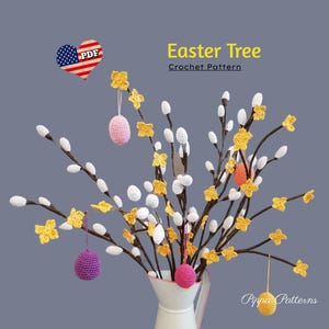 May include: Crochet pattern for an Easter tree with white and yellow flowers and colorful eggs. The pattern is available as a PDF download.  "Easter Tree Crochet Pattern" is written on the image.