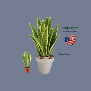 May include: Crochet pattern for a snake plant, with a green and yellow snake plant in a brown pot. The pattern is available as a PDF download. The image also shows a real snake plant in a brown pot.