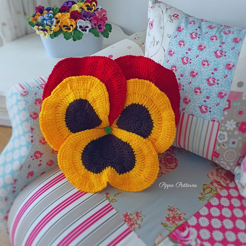 Crochet Pansy Cushion pattern photo tutorial Pansy pillow image 3