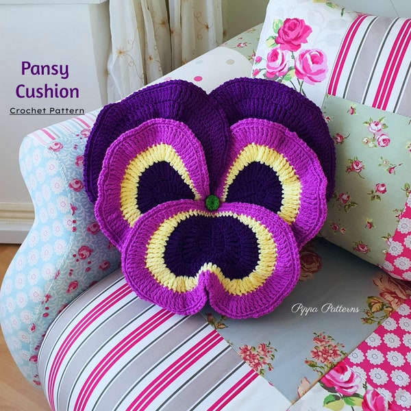 Crochet Pansy Cushion pattern photo tutorial - Pansy pillow