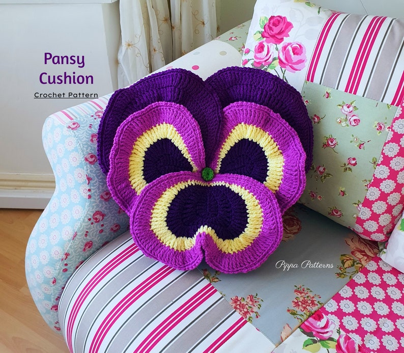 Crochet Pansy Cushion pattern photo tutorial Pansy pillow image 1