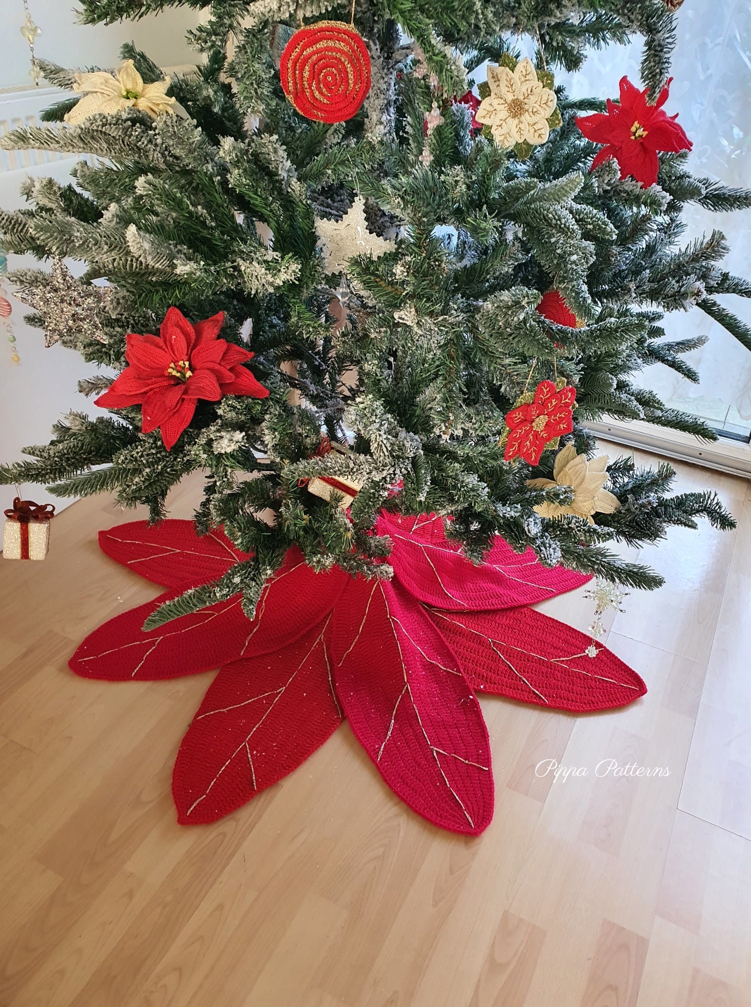 Jupe De Sapin De Noël Artoid Mode Poinsettia - Décoration Festive 122 Cm, Tissu Polyester Double Couche - 2