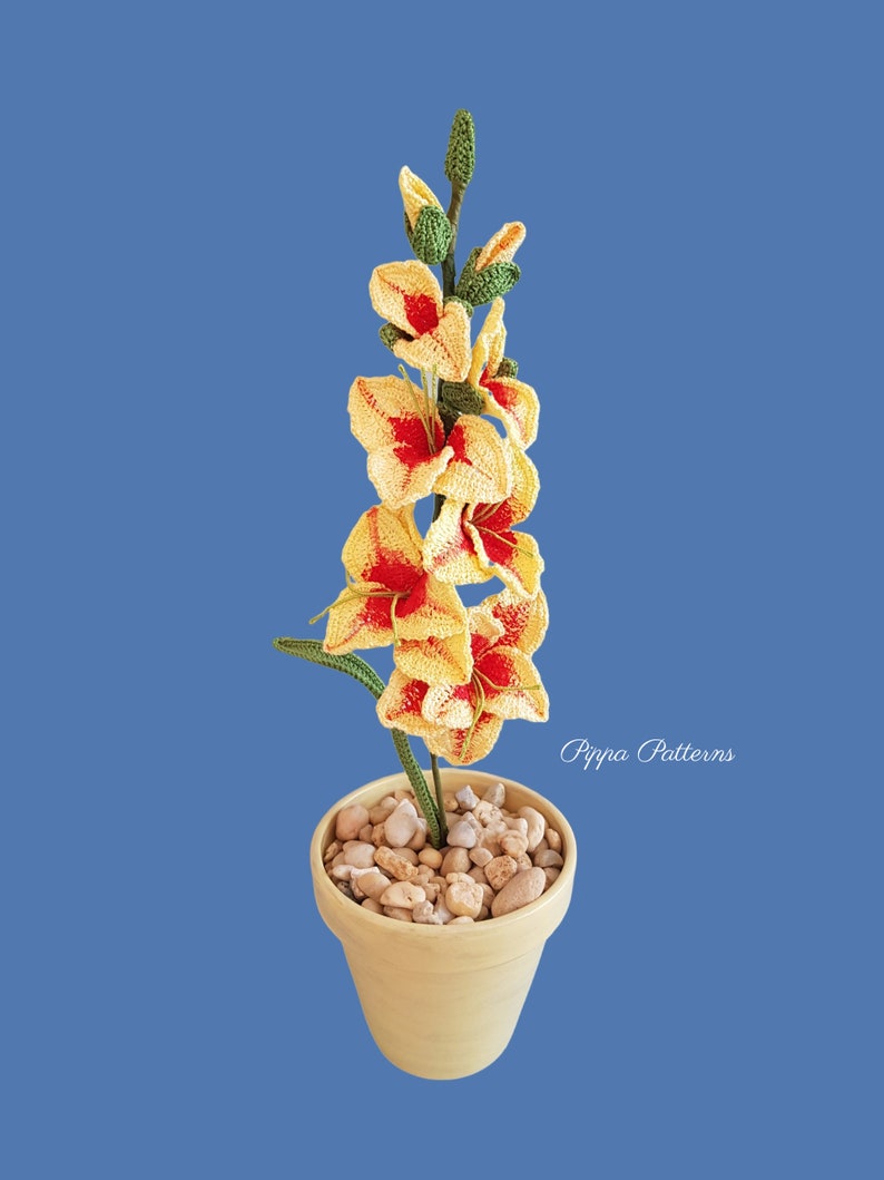 May include: A crocheted gladiolus flower in a yellow pot with white stones. The flower is yellow and red with green stems. The text "Pippa Patterns" is visible in the bottom right corner of the image.
