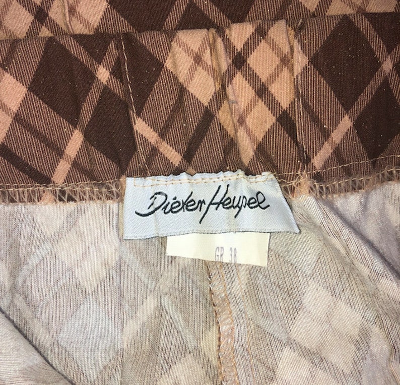Vintage High plaid printed brown pants broek high waist small skinny fit slim skinny highrise smallwaist glittery 90s cute