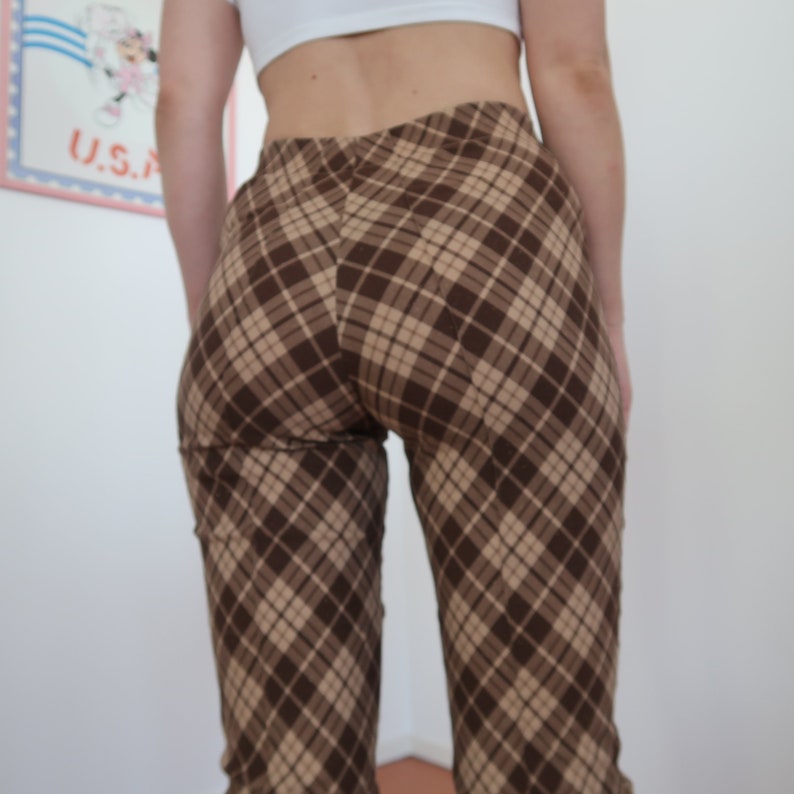 Vintage High plaid printed brown pants broek high waist small skinny fit slim skinny highrise smallwaist glittery 90s cute