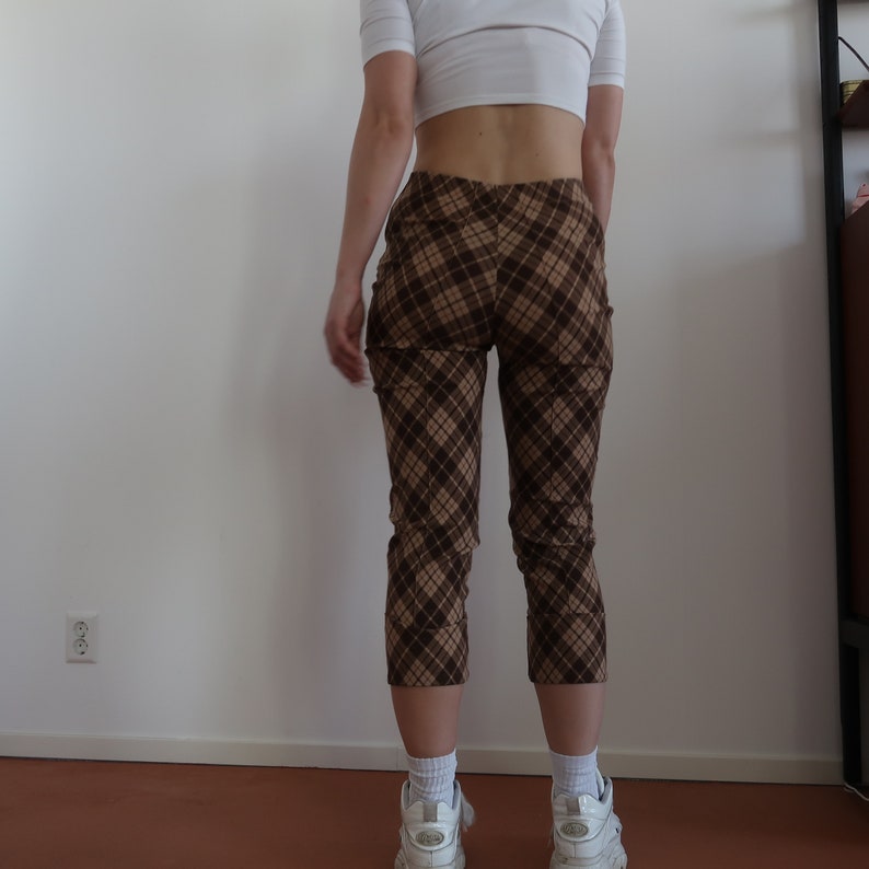 Vintage High plaid printed brown pants broek high waist small skinny fit slim skinny highrise smallwaist glittery 90s cute