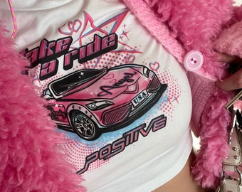 Y2K roze airbrush car pink coquette cropped tee - vintage croptop - trend  tee - shirt cute fairycore - 2000's 00S croptop kawaii harajuku