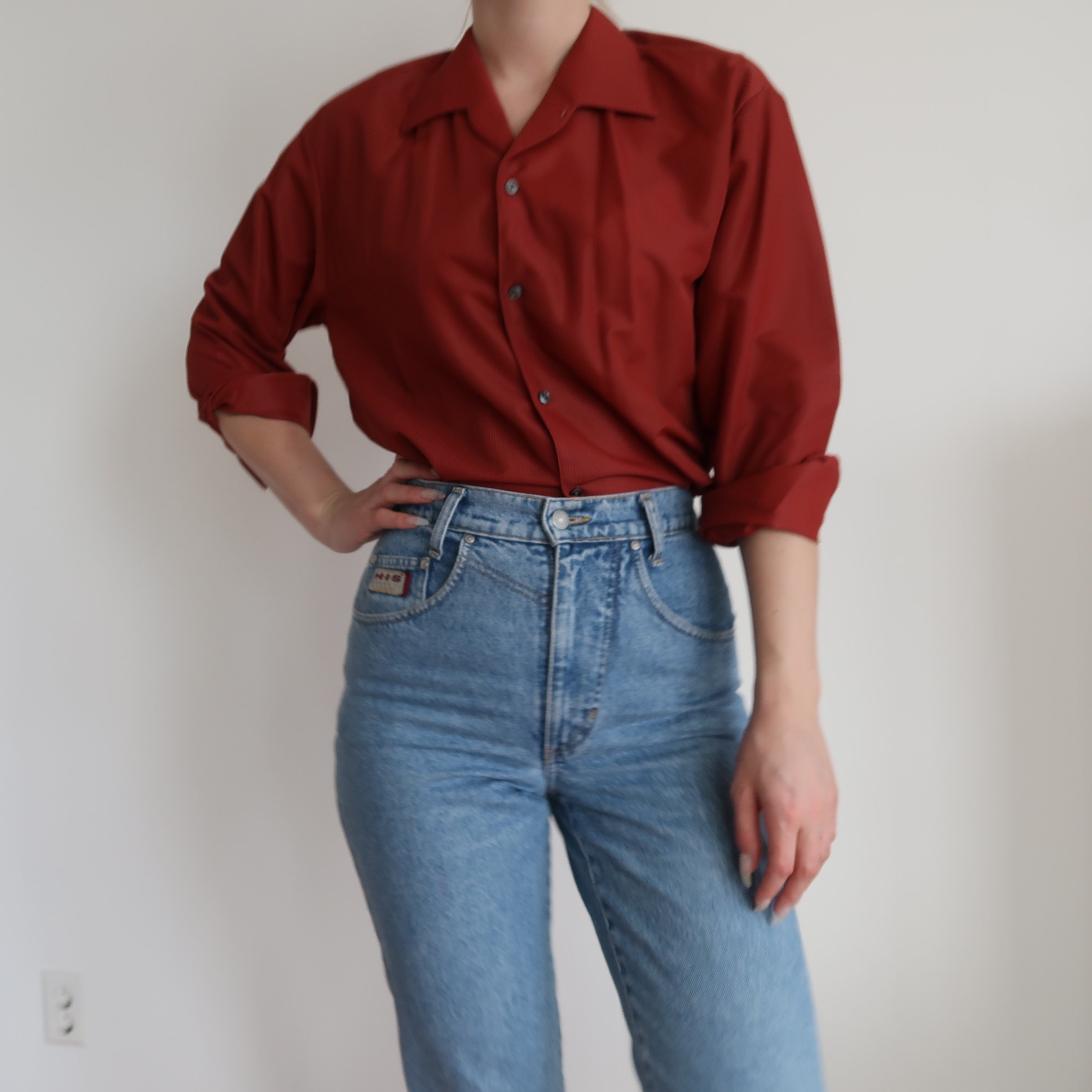 Vintage Red Burgundy Red Pinstripe Retro Blouse Button up 70s Etsy