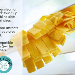 May include: Yellow microfiber duster head for cleaning blinds. The duster is compatible with Swiffer dusters. The text "Dust Cling" is on the bottom left corner of the image.