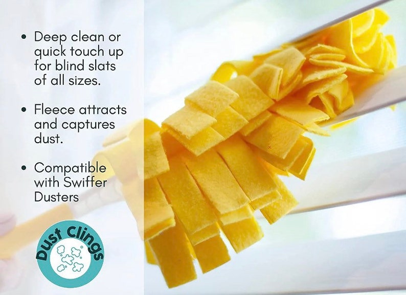 May include: Yellow microfiber duster head for cleaning blinds. The duster is compatible with Swiffer dusters. The text "Dust Cling" is on the bottom left corner of the image.