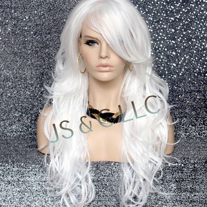 WHITE Human Hair Blend White Full Wig Wavy Long Heat Safe Bangs Layered Cancer/chemo/Alopecia/Cosplay